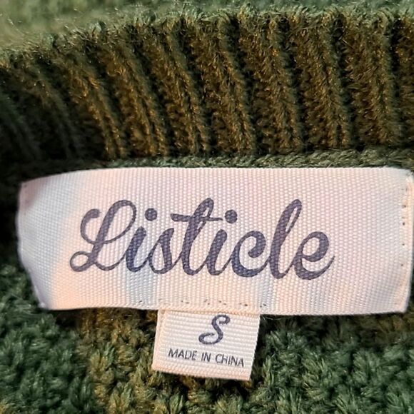 Listicle Army Green Sweater with White Lace Embroidered Longsleeves, Size Small - Picture 6 of 7